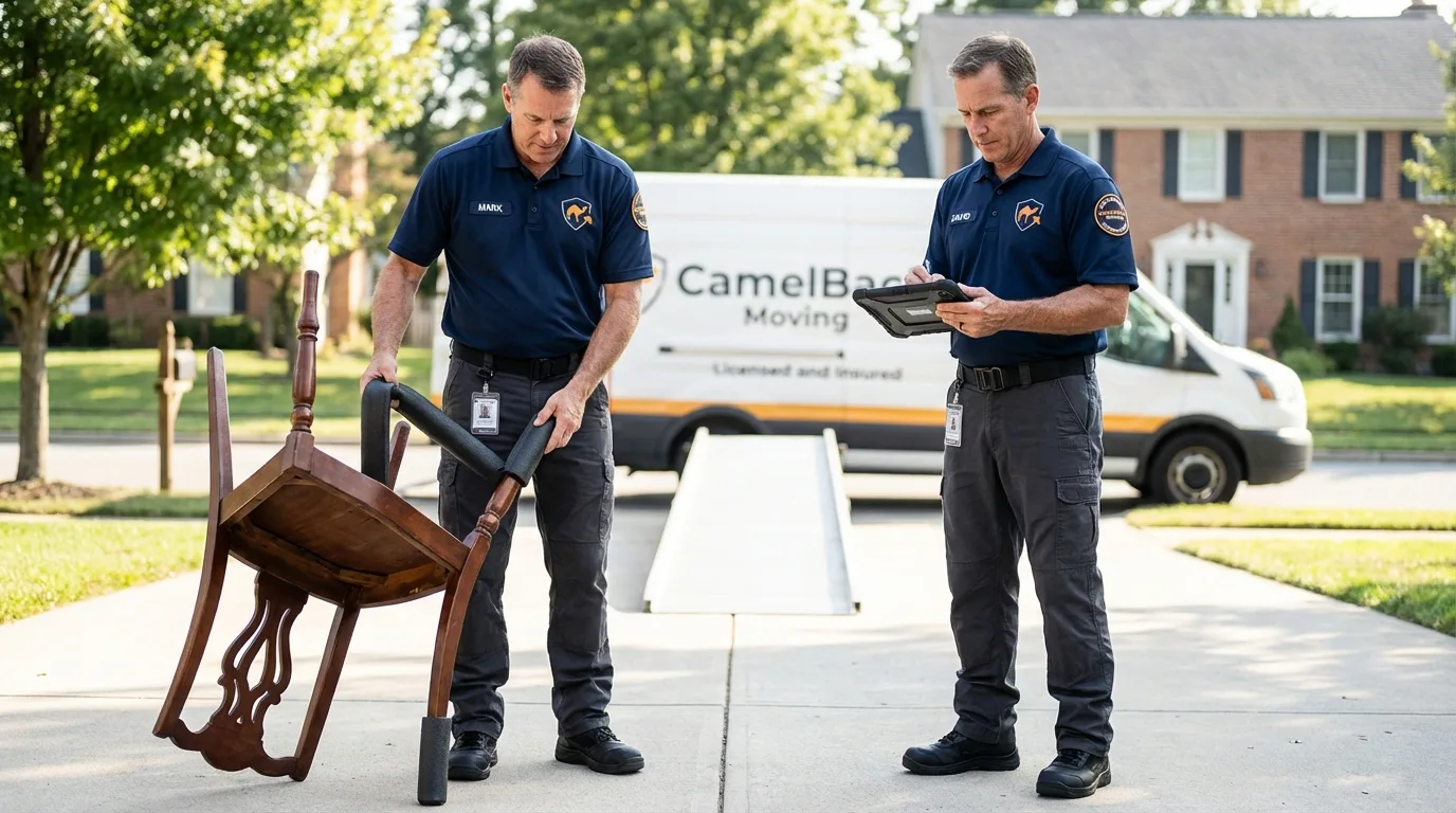 Movers inspecting furniture for damage prevention before loading in Spring Valley, CA
