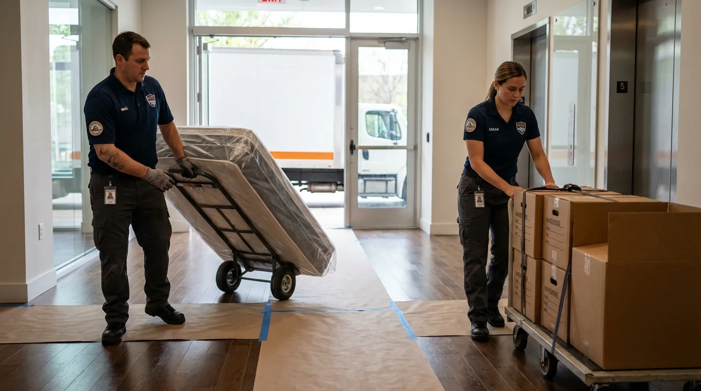 Professional apartment movers loading elevator in Spring Valley, CA
