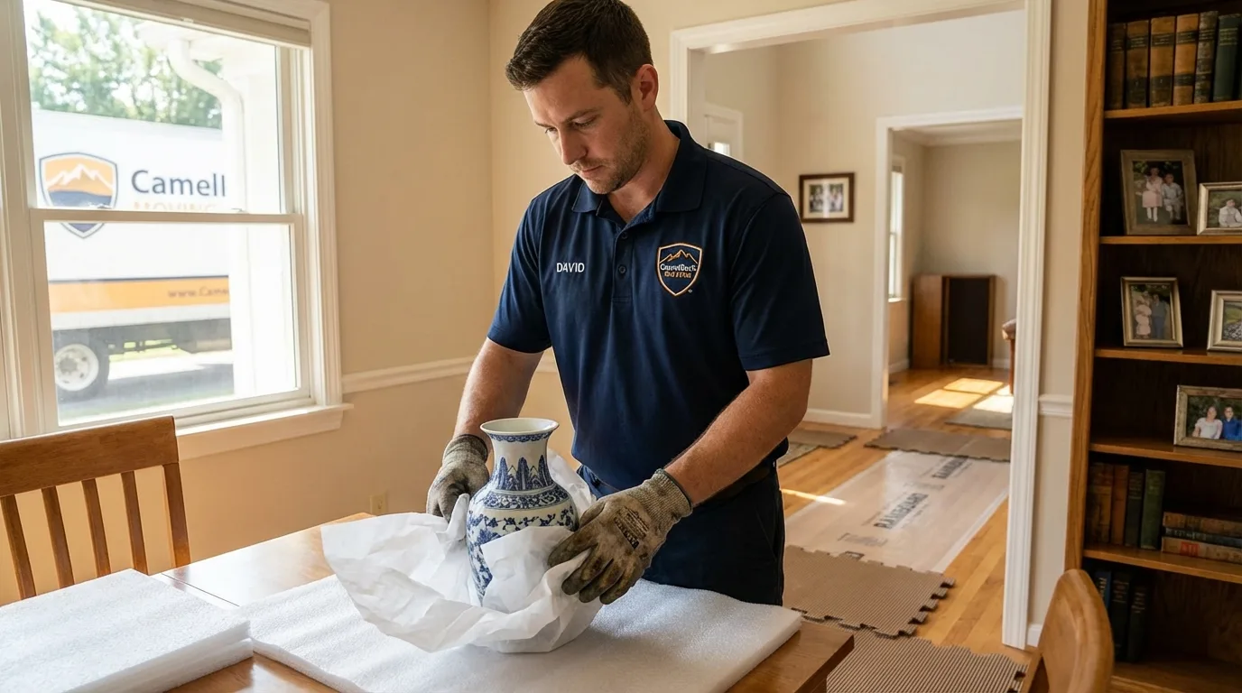 Professional crew carefully wrapping antique vase for senior downsizing move in Spring Valley, CA